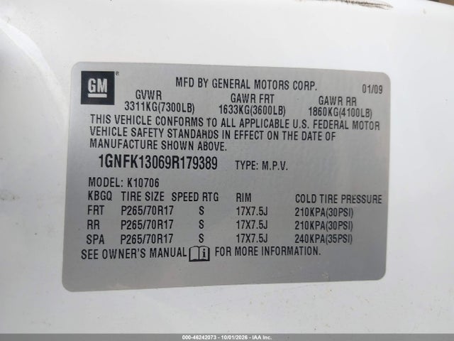 Aukcja sprzedaży 2009 Chevrolet Tahoe Commercial Fleet, vin: 1GNFK13069R179389, numer aukcji: 46242073