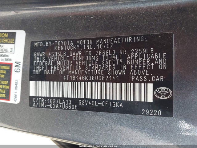 Aukcja sprzedaży 2008 Toyota Camry Xle V6, vin: 4T1BK46K38U062141, numer aukcji: 46242082