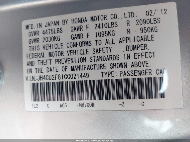 Продажа на аукционе авто 2012 Acura Tsx 2.4, vin: JH4CU2F81CC021449, номер лота: 46242097