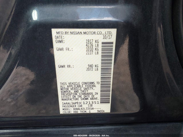 46242099 :رقم المزاد ، 1N4AL3AP9JC121351 vin ، 2018 Nissan Altima 2.5 Sl مزاد بيع