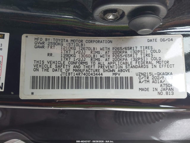 Продажа на аукционе авто 2004 Toyota 4runner Sr5 Sport V8, vin: JTEBT14R740043444, номер лота: 46242107