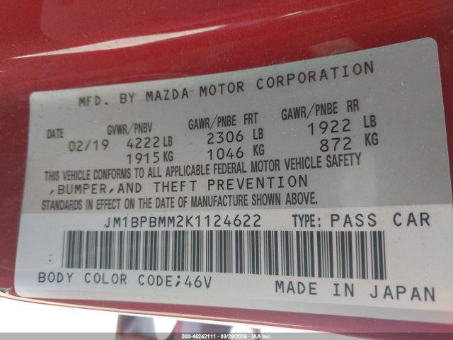 46242111 :رقم المزاد ، JM1BPBMM2K1124622 vin ، 2019 Mazda Mazda3 Preferred Package مزاد بيع