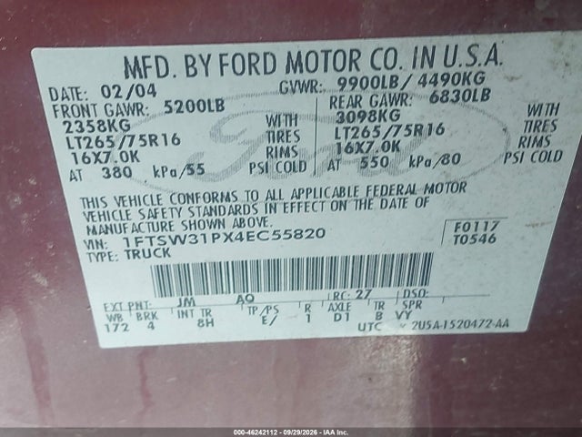 46242112 :رقم المزاد ، 1FTSW31PX4EC55820 vin ، 2004 Ford F-350 Lariat/xl/xlt مزاد بيع