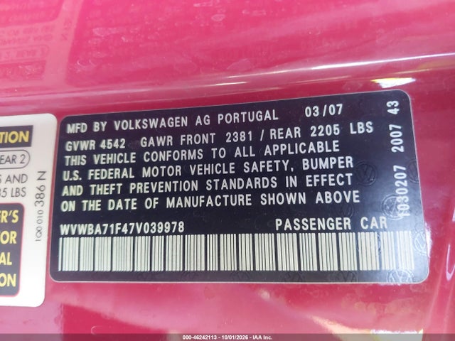 46242113 :رقم المزاد ، WVWBA71F47V039978 vin ، 2007 Volkswagen Eos 2.0t مزاد بيع
