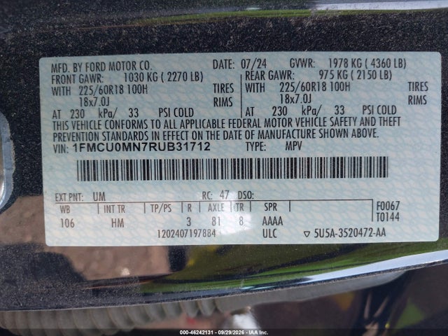 Aukcja sprzedaży 2024 Ford Escape St-line, vin: 1FMCU0MN7RUB31712, numer aukcji: 46242131
