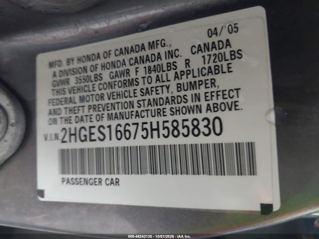 46242135 :رقم المزاد ، 2HGES16675H585830 vin ، 2005 Honda Civic Lx مزاد بيع
