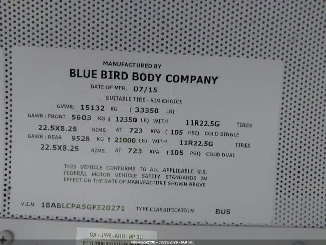 Продаж на аукціоні авто 2016 Blue Bird School Bus / Transit Bus, vin: 1BABLCPA5GF320271, номер лоту: 46242136