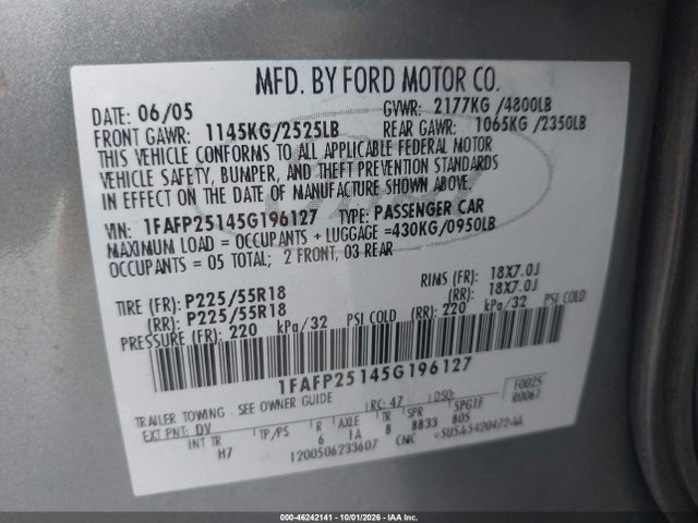 Продажа на аукционе авто 2005 Ford Five Hundred Limited, vin: 1FAFP25145G196127, номер лота: 46242141
