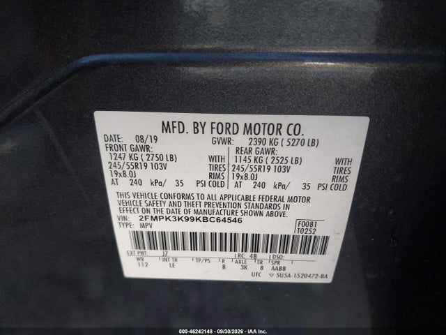 Aukcja sprzedaży 2019 Ford Edge Titanium, vin: 2FMPK3K99KBC64546, numer aukcji: 46242148