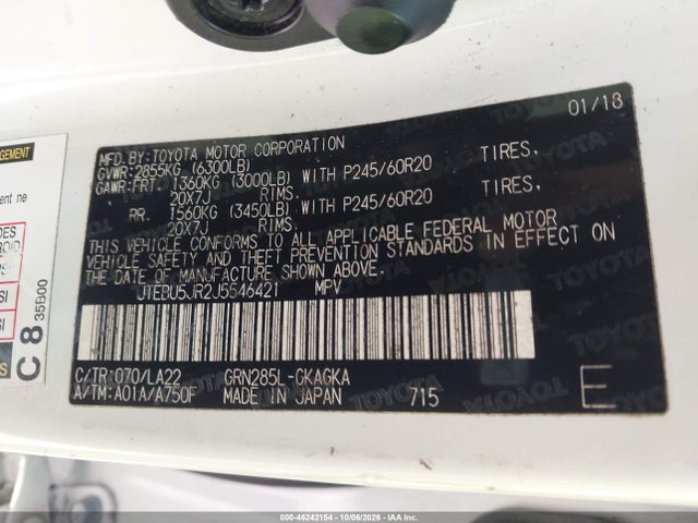 Aukcja sprzedaży 2018 Toyota 4runner Limited, vin: JTEBU5JR2J5546421, numer aukcji: 46242154