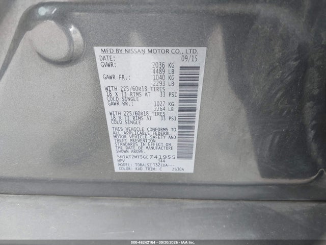 Продаж на аукціоні авто 2016 Nissan Rogue Sl, vin: 5N1AT2MT5GC741955, номер лоту: 46242164