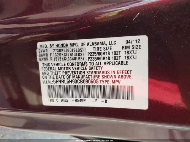 Aukcja sprzedaży 2012 Honda Odyssey Touring/touring Elite, vin: 5FNRL5H93CB090605, numer aukcji: 46242180