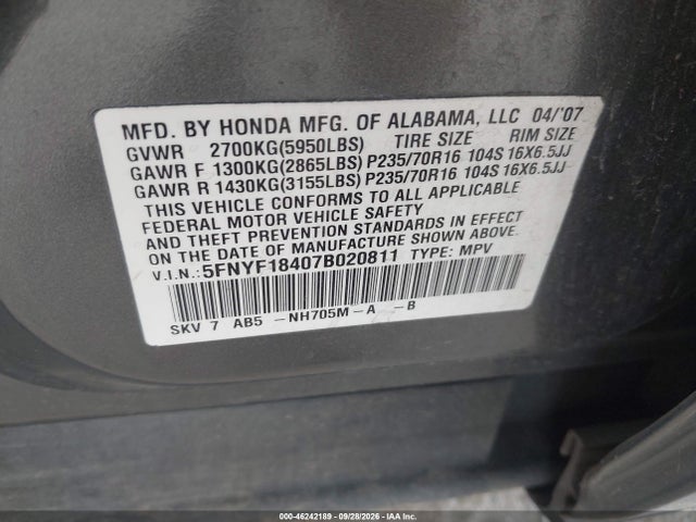 Auction sale of the 2007 Honda Pilot Ex, vin: 5FNYF18407B020811, lot number: 46242189