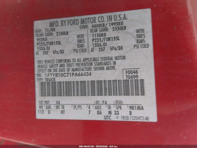Продажа на аукционе авто 2001 Ford Ranger Xl/xlt, vin: 1FTYR10C71PA66434, номер лота: 46242195