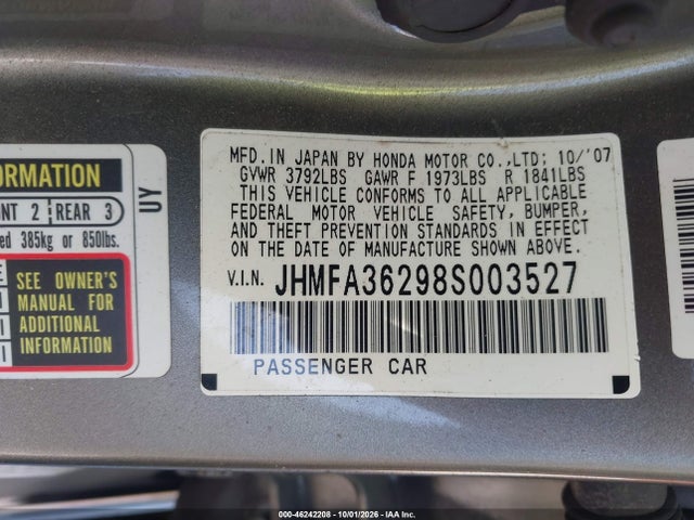 Aukcja sprzedaży 2008 Honda Civic Hybrid, vin: JHMFA36298S003527, numer aukcji: 46242208