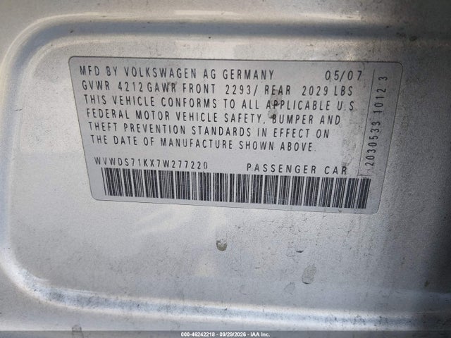 46242218 :رقم المزاد ، WVWDS71KX7W277220 vin ، 2007 Volkswagen Rabbit 4-door مزاد بيع