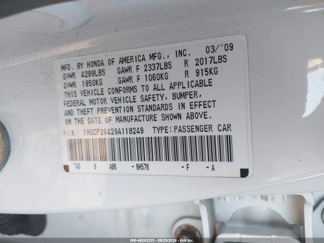 2009 Honda Accord 2.4 Lx-p მანქანა იყიდება აუქციონზე, vin: 1HGCP26429A118249, აუქციონის ნომერი: 46242223