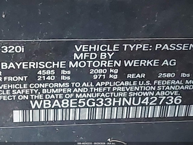 46242233 :رقم المزاد ، WBA8E5G33HNU42736 vin ، 2017 Bmw 320i Xdrive مزاد بيع