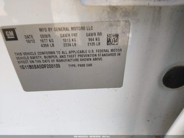 46242234 :رقم المزاد ، 1G11B5SA5DF200109 vin ، 2013 Chevrolet Malibu 1ls مزاد بيع