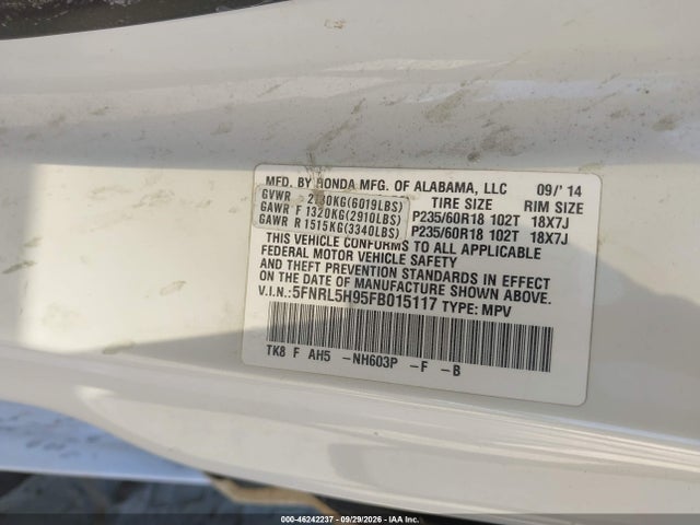 46242237 :رقم المزاد ، 5FNRL5H95FB015117 vin ، 2015 Honda Odyssey Touring/touring Elite مزاد بيع