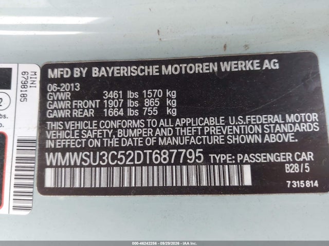 46242256 :رقم المزاد ، WMWSU3C52DT687795 vin ، 2013 Mini Hardtop Cooper مزاد بيع