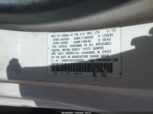 Продаж на аукціоні авто 2002 Honda Civic Si, vin: SHHEP33532U308681, номер лоту: 46242260