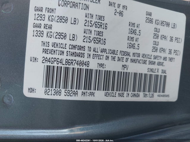 46242261 :رقم المزاد ، 2A4GP64L86R740048 vin ، 2006 Chrysler Town & Country Limited مزاد بيع