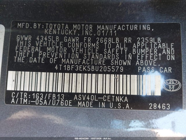 2011 Toyota Camry Le მანქანა იყიდება აუქციონზე, vin: 4T1BF3EK5BU205579, აუქციონის ნომერი: 46242268