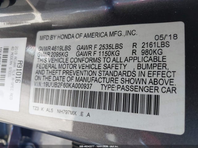 Продажа на аукционе авто 2019 Acura Tlx Tech   A-spec Pkgs, vin: 19UUB2F60KA000937, номер лота: 46242277