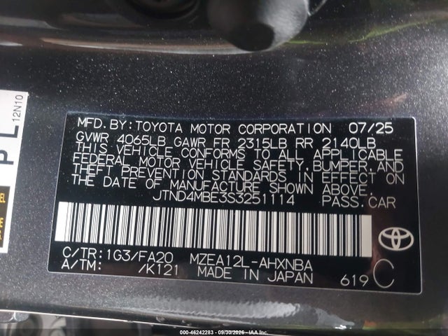 Продаж на аукціоні авто 2025 Toyota Corolla Se, vin: JTND4MBE3S3251114, номер лоту: 46242283