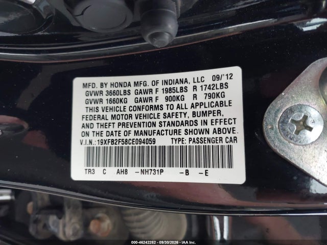 Aukcja sprzedaży 2012 Honda Civic Lx, vin: 19XFB2F58CE094059, numer aukcji: 46242282