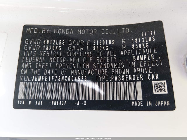 46242289 :رقم المزاد ، JHMFE1F78NX004526 vin ، 2022 Honda Civic Ex مزاد بيع
