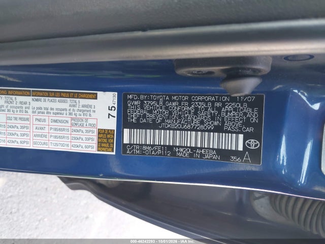 46242293 :رقم المزاد ، JTDKB20U687728099 vin ، 2008 Toyota Prius مزاد بيع