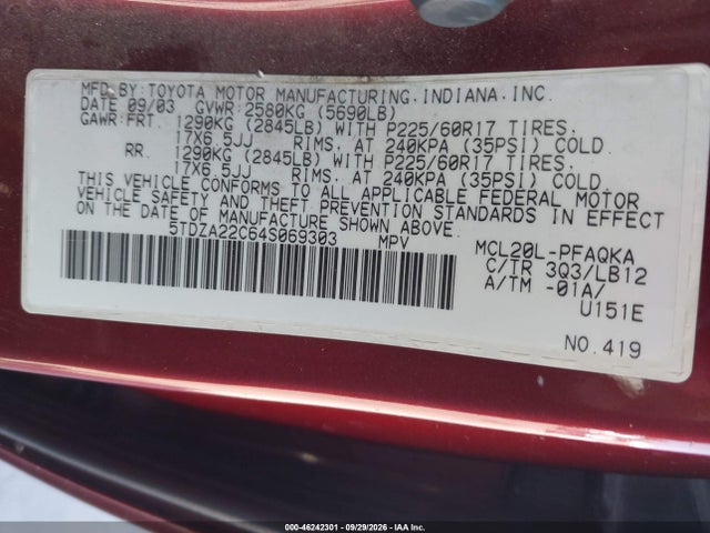Продаж на аукціоні авто 2004 Toyota Sienna Xle, vin: 5TDZA22C64S069303, номер лоту: 46242301
