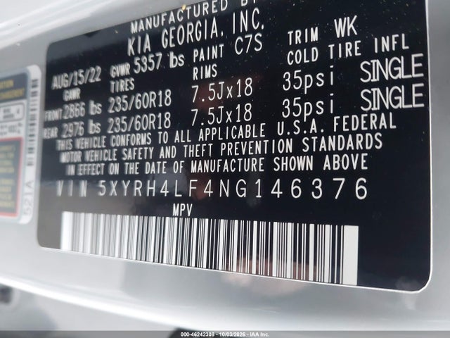 Auction sale of the 2022 Kia Sorento Ex, vin: 5XYRH4LF4NG146376, lot number: 46242308