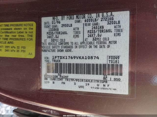Aukcja sprzedaży 1997 Ford F-150 Lariat/standard/xl/xlt, vin: 1FTDX1769VKA10874, numer aukcji: 46242310