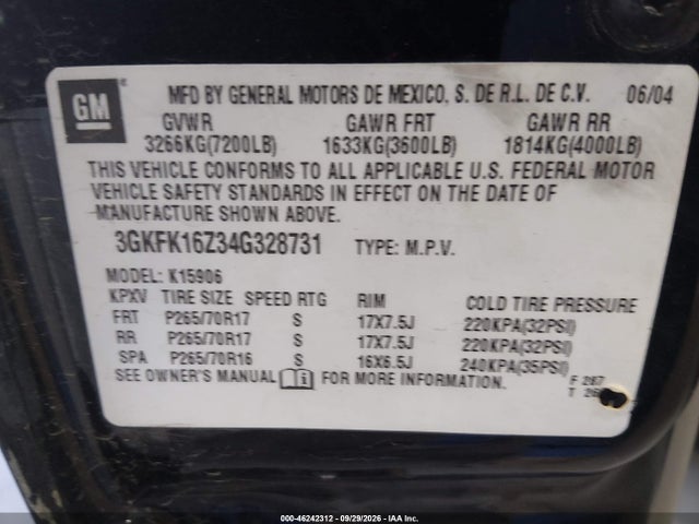 Aukcja sprzedaży 2004 Gmc Yukon Xl 1500 Slt, vin: 3GKFK16Z34G328731, numer aukcji: 46242312