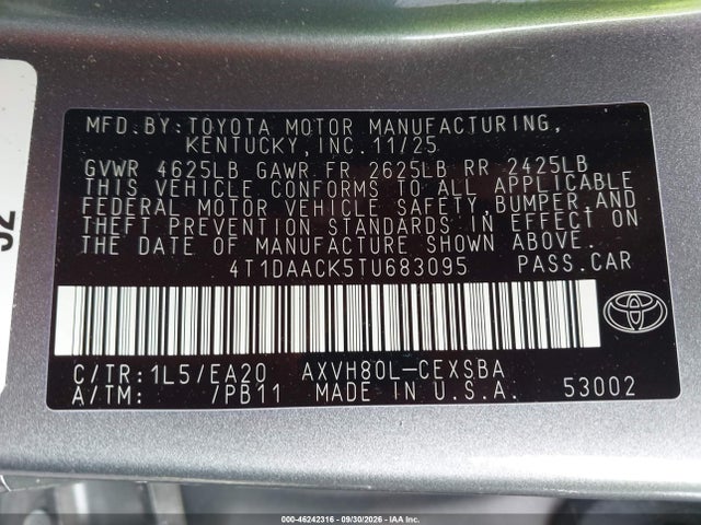 2026 Toyota Camry Se მანქანა იყიდება აუქციონზე, vin: 4T1DAACK5TU683095, აუქციონის ნომერი: 46242316