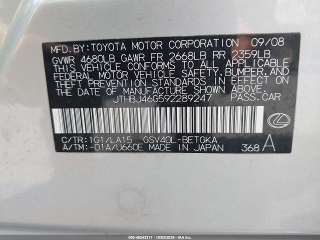 2009 Lexus Es 350 მანქანა იყიდება აუქციონზე, vin: JTHBJ46G592289247, აუქციონის ნომერი: 46242317
