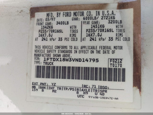 Продажа на аукционе авто 1997 Ford F-150 Lariat/xl/xlt, vin: 1FTDX18W3VND14795, номер лота: 46242343