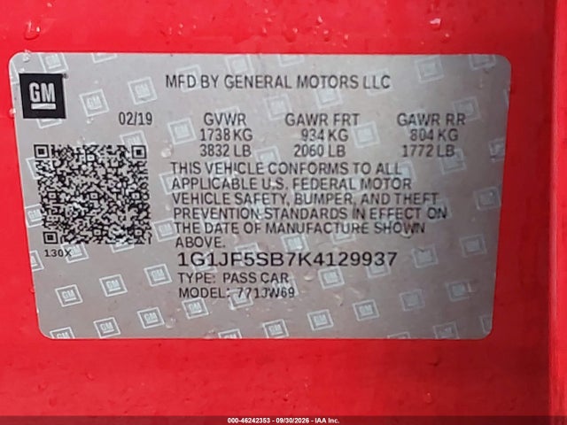 Aukcja sprzedaży 2019 Chevrolet Sonic Premier Auto, vin: 1G1JF5SB7K4129937, numer aukcji: 46242353