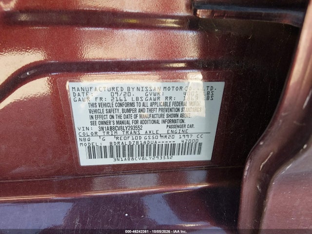 Продаж на аукціоні авто 2020 Nissan Sentra Sv Xtronic Cvt, vin: 3N1AB8CV8LY293552, номер лоту: 46242361
