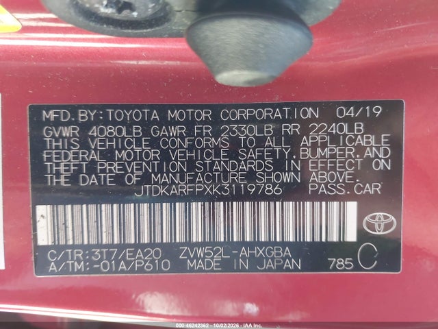 46242362 :رقم المزاد ، JTDKARFPXK3119786 vin ، 2019 Toyota Prius Prime Premium مزاد بيع