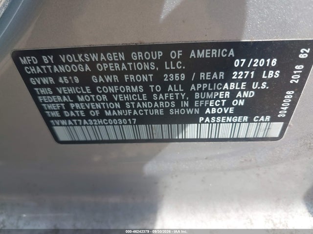 Продажа на аукционе авто 2017 Volkswagen Passat 1.8t S, vin: 1VWAT7A32HC003017, номер лота: 46242379