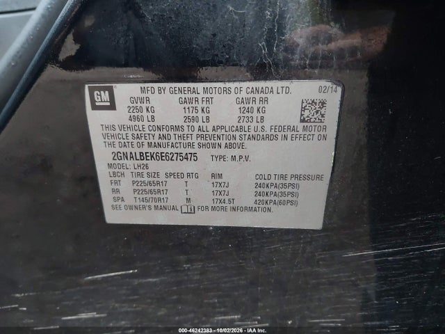 Продаж на аукціоні авто 2014 Chevrolet Equinox 1lt, vin: 2GNALBEK6E6275475, номер лоту: 46242383