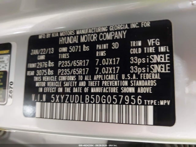 2013 Hyundai Santa Fe Sport მანქანა იყიდება აუქციონზე, vin: 5XYZUDLB5DG057956, აუქციონის ნომერი: 46242384