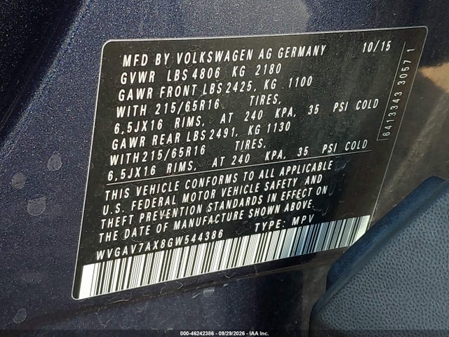 46242386 :رقم المزاد ، WVGAV7AX8GW544386 vin ، 2016 Volkswagen Tiguan S مزاد بيع