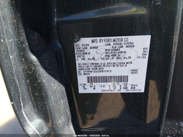 46242400 :رقم المزاد ، 1FTPW12535FB17412 vin ، 2005 Ford F-150 Lariat/xlt مزاد بيع