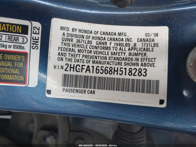 Продаж на аукціоні авто 2008 Honda Civic Sdn Lx, vin: 2HGFA16568H518283, номер лоту: 46242401