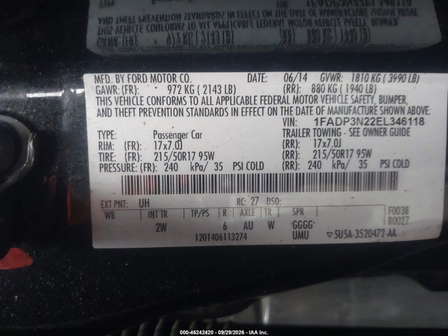 46242420 :رقم المزاد ، 1FADP3N22EL346118 vin ، 2014 Ford Focus Titanium مزاد بيع